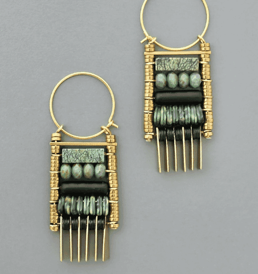 GREEN STONE FRINGE HOOP EARRINGS