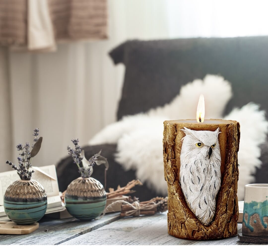 Owl Pillar Candle Hand Finished 